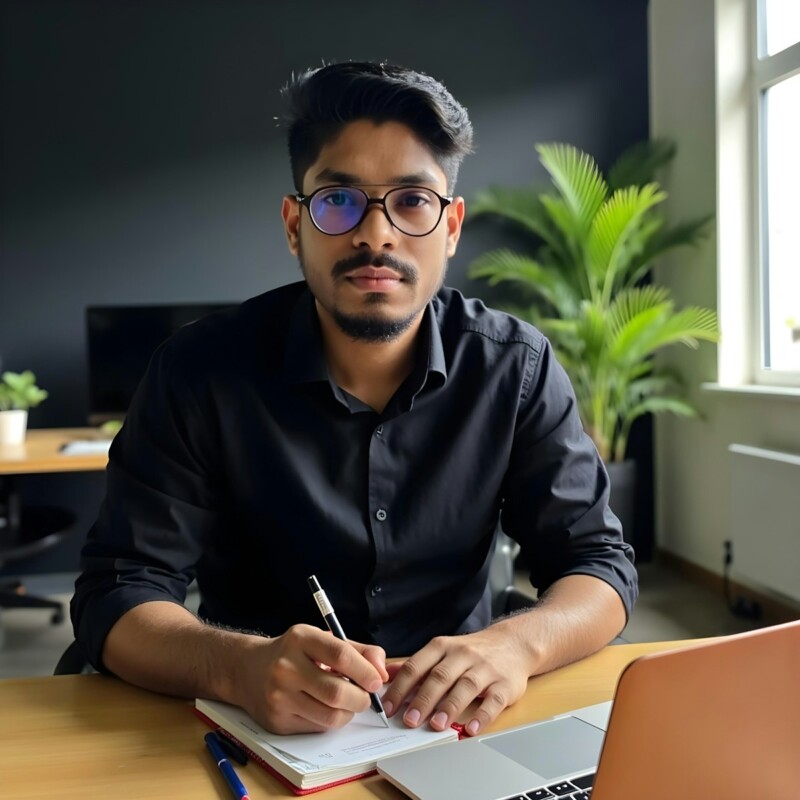 A man is writing at a desk.