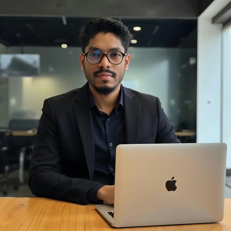 A man works on a laptop in an office.