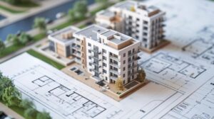architectural model, building plans, apartment complex, modern architecture, scale model, residential buildings, blueprints, balconies, green spaces, miniature, detailed design, construction, real estate, model building, landscaping, architecture, planning, urban design, development, housing, project, engineering, design process, schematic, contemporary, ai generated